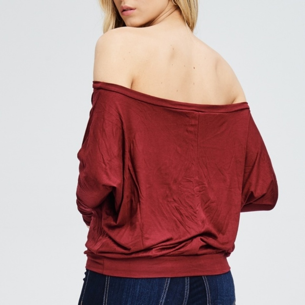 Wine Red Off Shoulder Boat Neck Long Sleeve Top - Picture 3 of 4